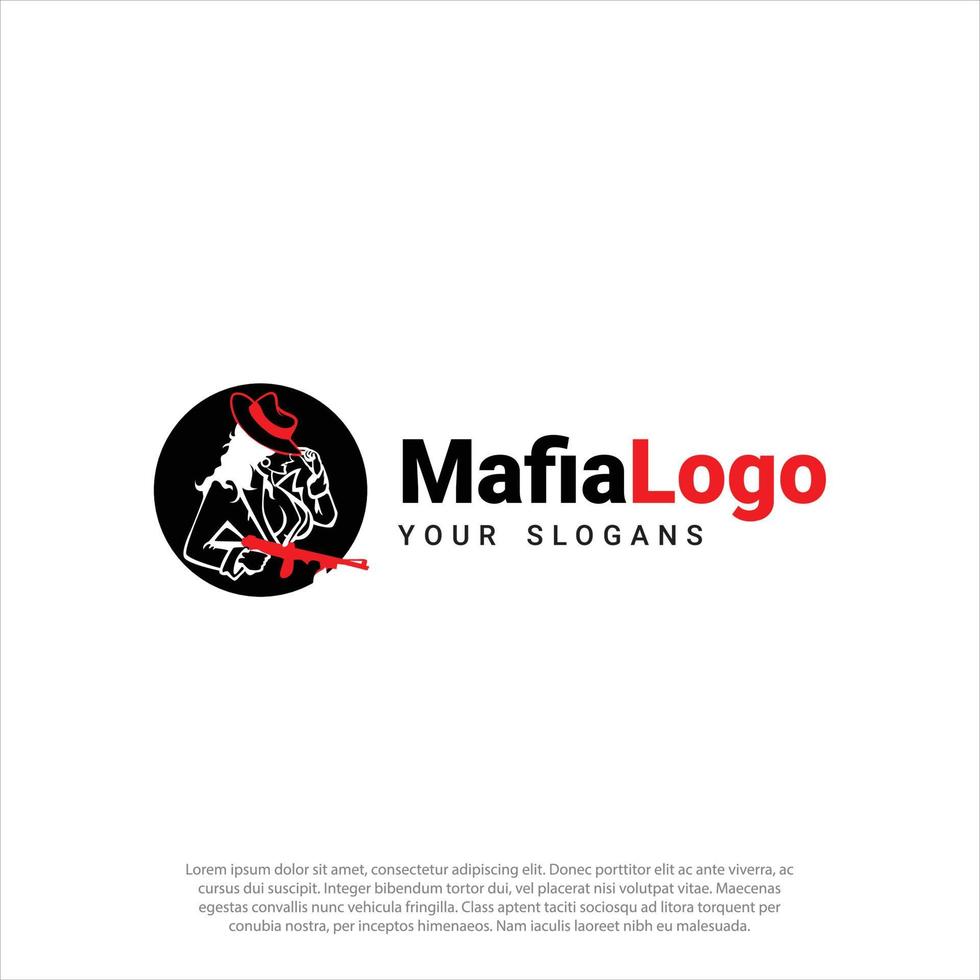 vintage-konzept des schönen mafia-mädchens, das tuxedo-ohrring-cowboy-kappe trägt und waffe in einer hand und logo-design-vektor hält vektor