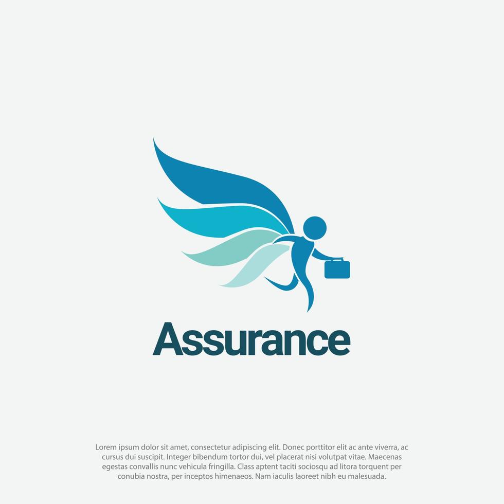 Assurance- oder Versicherungslogo-Symbol, menschliches Fliegen mit Flügeln und Aktenkoffer vektor