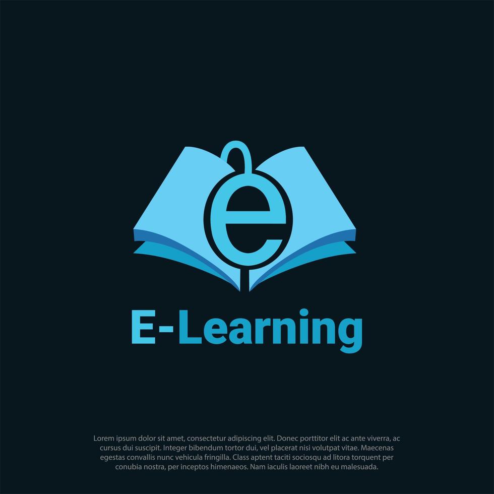 e-learning brev e som mus för digital eller dator teknologi kombinerande med bok som inlärning, e-bok eller e-learning logotyp design vektor