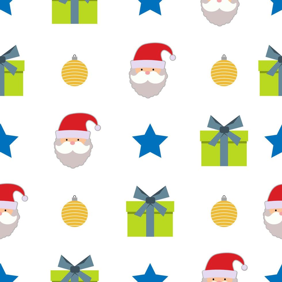 jul sömlös mönster med stjärna, jul boll, gåva låda och santa claus på vit bakgrund. vektor illustration