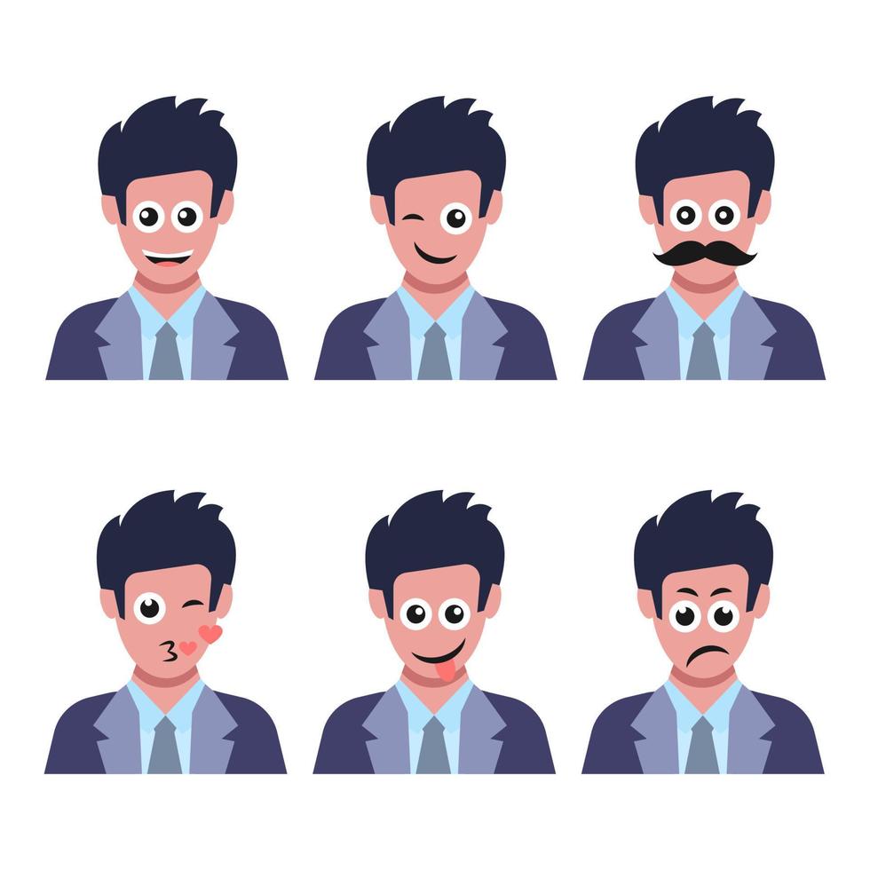 uppsättning av sex män med annorlunda ansiktsbehandling känslor. mänsklig ansikte med emoji karaktär. vektor illustration