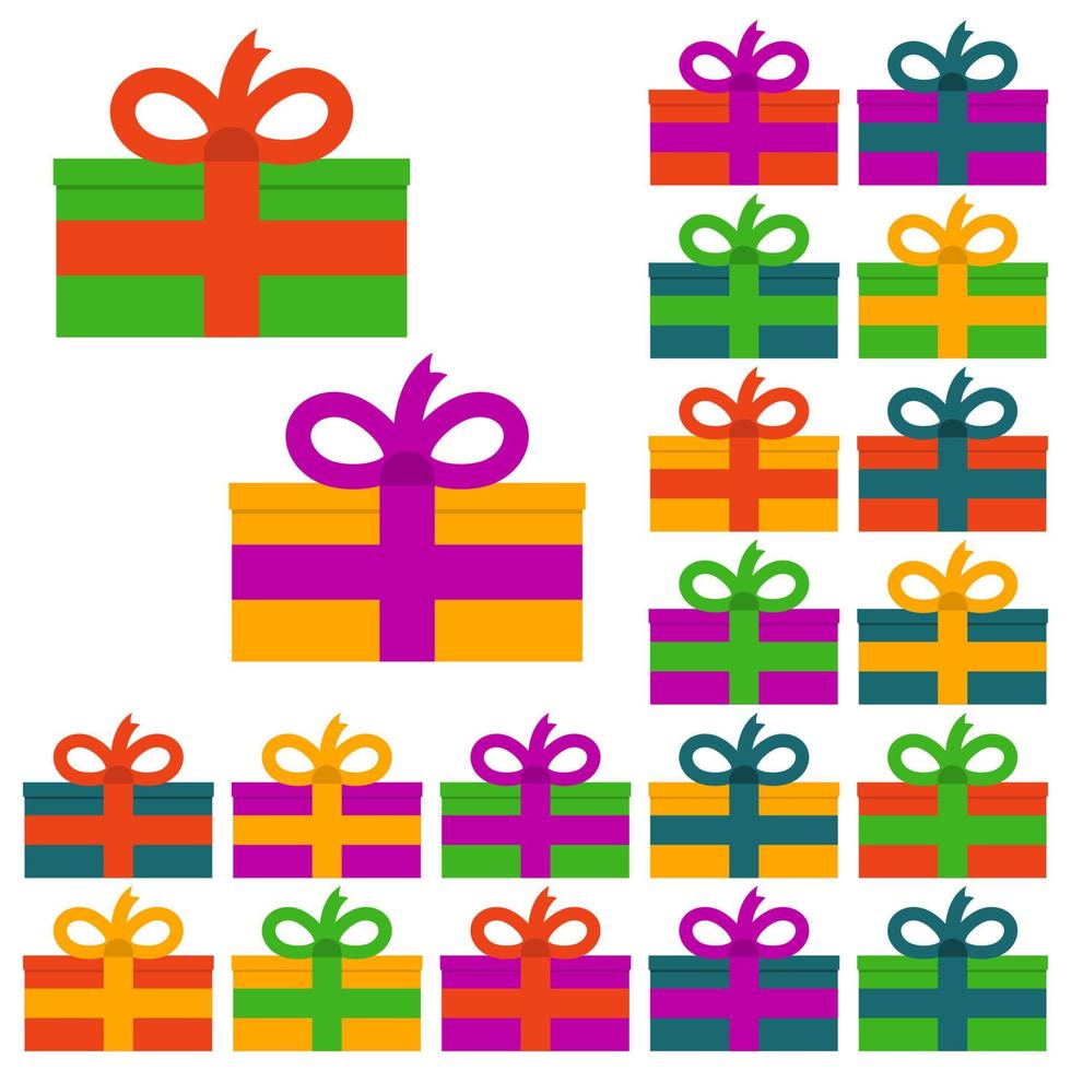 Sammlung von zwanzig mehrfarbigen Geschenkboxen. Vektor-Illustration vektor