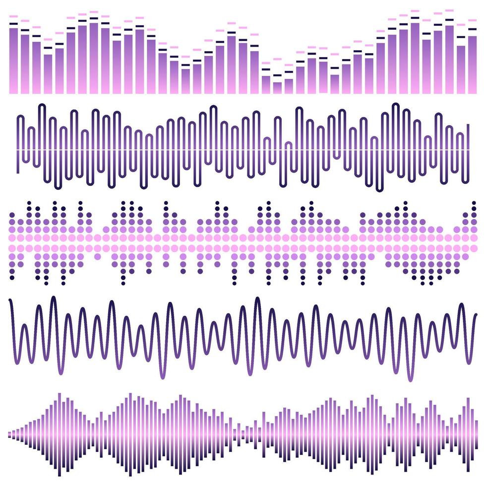 Vektorsatz violetter Schallwellen. Audio-Equalizer. Ton- und Audiowellen isoliert auf weißem Hintergrund. vektor