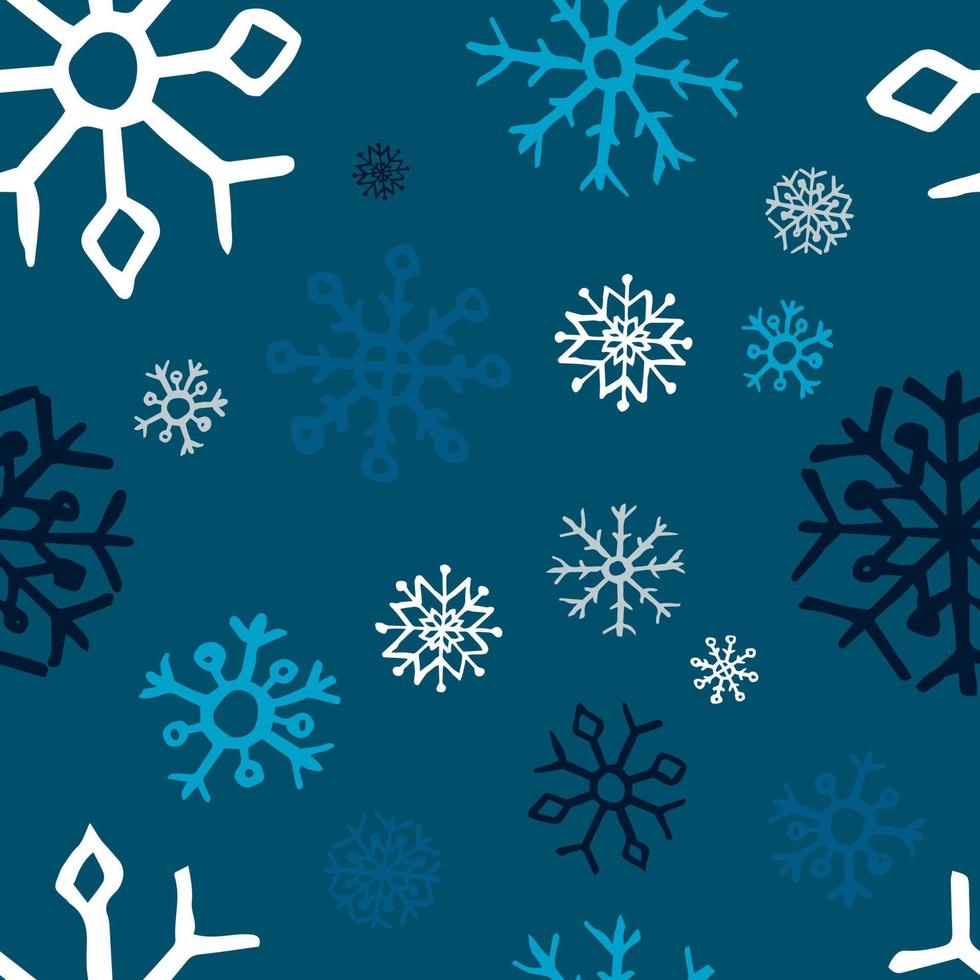 nahtloser hintergrund von hand gezeichneten schneeflocken. blaue bunte Schneeflocken auf blauem Hintergrund. weihnachts- und neujahrsdekorationselemente. Vektor-Illustration. vektor