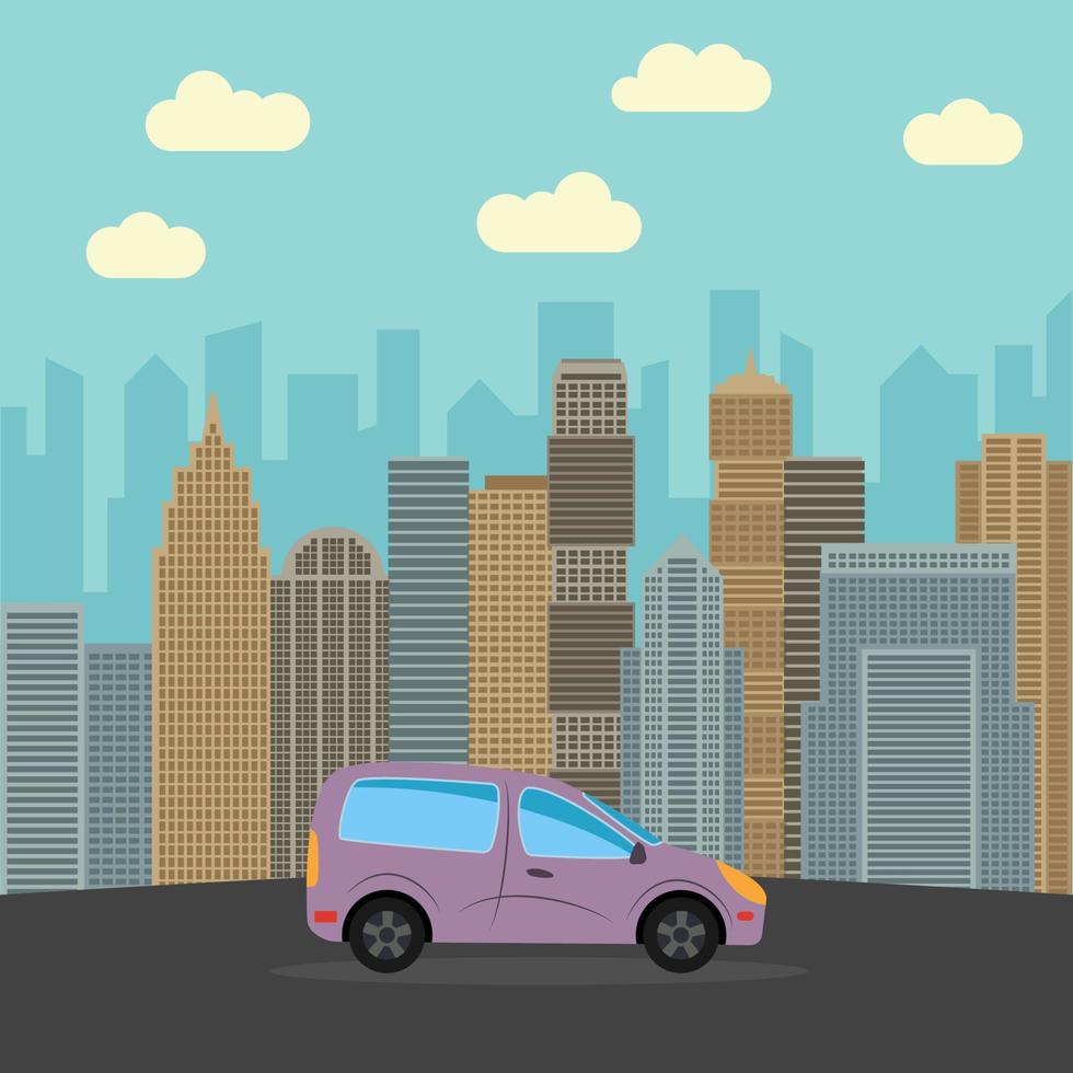 blå bil i de stad. bil på en bakgrund av skyskrapor på en solig dag. vektor illustration.