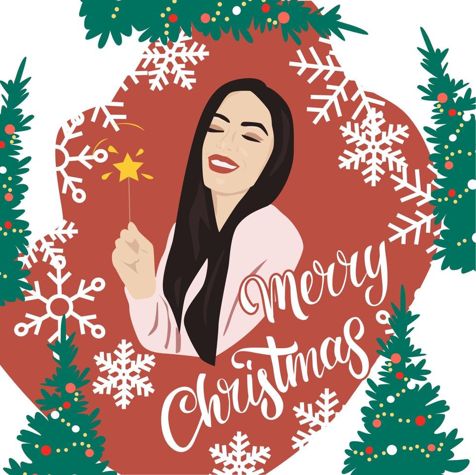 leende kvinna med magi wand väntar för jul. festlig hälsning kort design. glad jul text. vektor illustration.