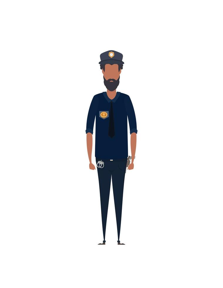 polizist in uniform, der in der vorderansicht steht. Beruf Menschen Konzept. Arbeit auf der Polizeiwache. Polizist-Vektorzeichenillustration lokalisiert auf weißem Hintergrund. vektor