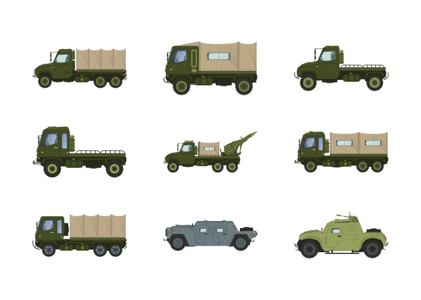 militär maskiner och armerad fordon isolerat på vit bakgrund vektor uppsättning