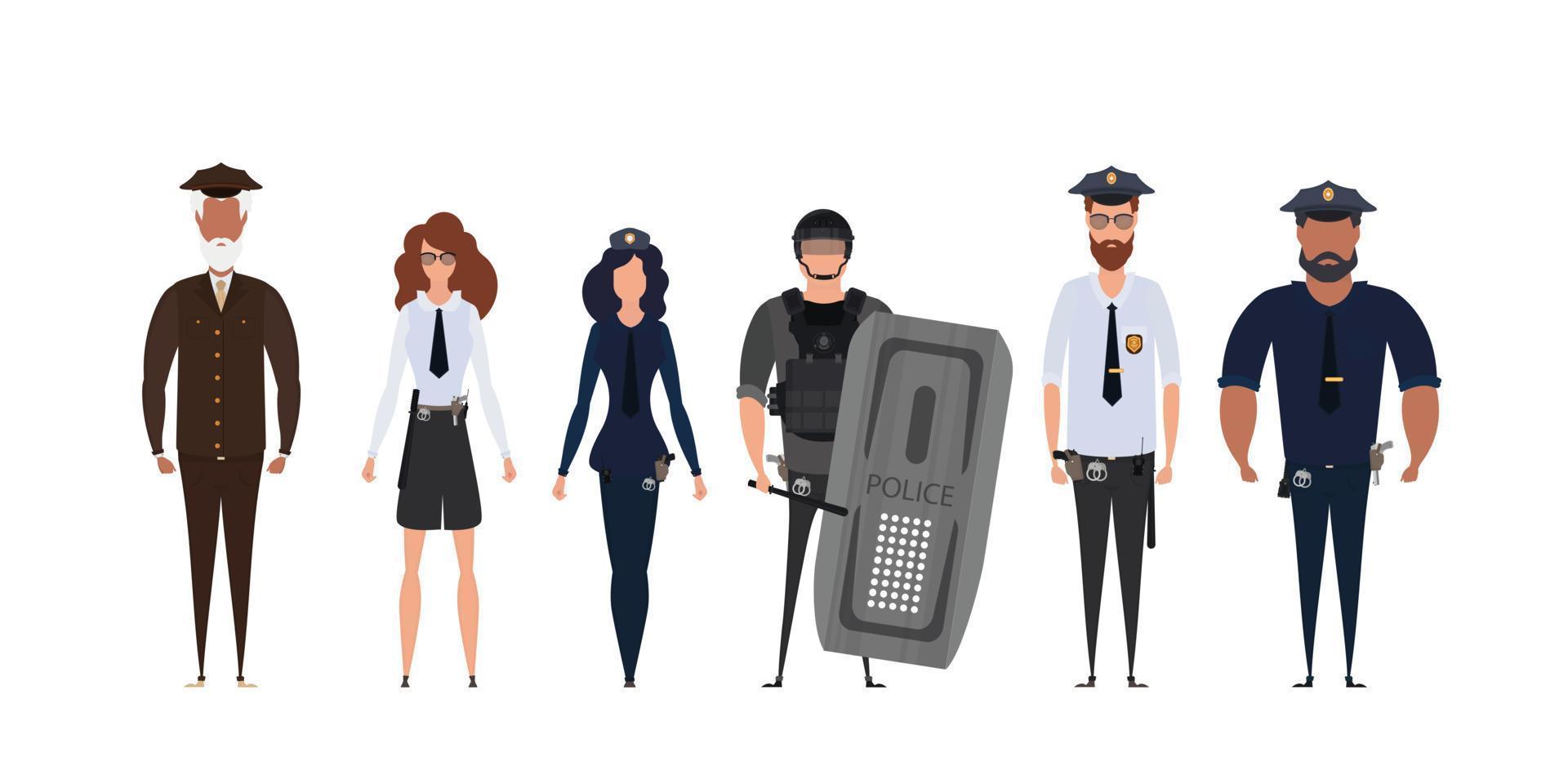 grupp av polis officerare. polis polis och officer säkerhet i enhetlig illustration. kvinna och man COP vektor tecken.