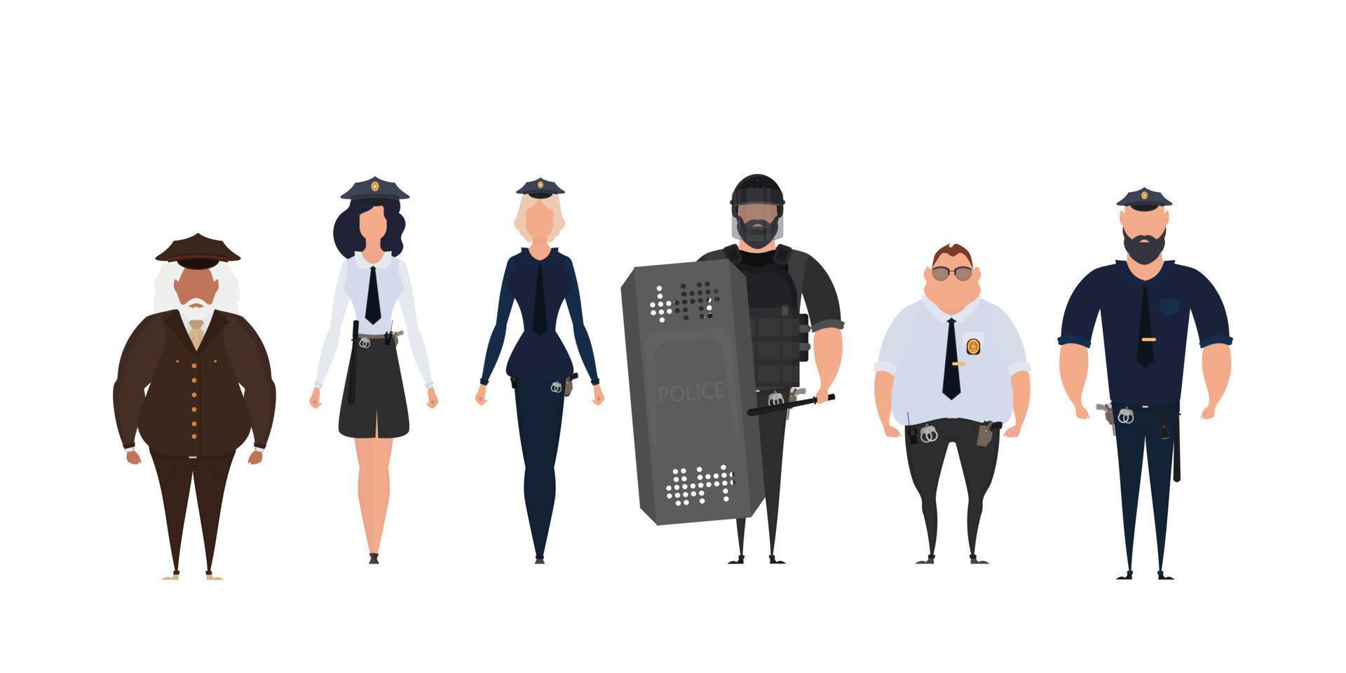 grupp av polis officerare. polis polis och officer säkerhet i enhetlig illustration. kvinna och man COP vektor tecken.