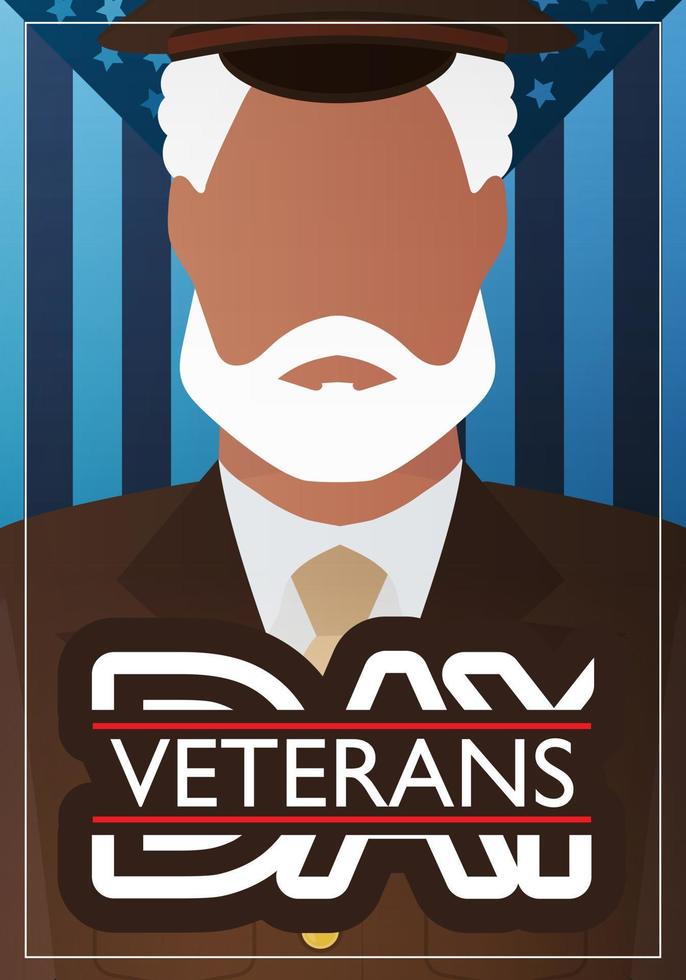 Postkarte zum Veteranentag. Ein Veteran in einer braunen Militäruniform vor dem Hintergrund der Flagge. Cartoon-Stil vektor