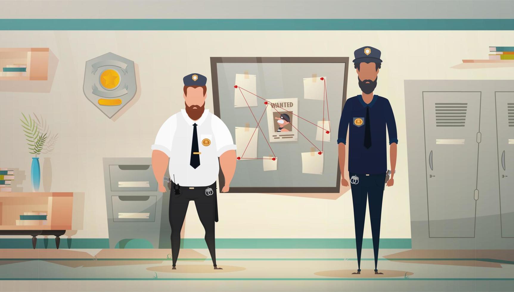 poliser eller milismän i polis station eller avdelning, undersökning kontor rum interiör, tecknad serie vektor illustration.