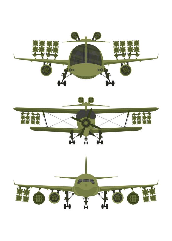 uppsättning kämpe, militär flygplan med missiler på styrelse. illustration isolerat på vit bakgrund. vektor