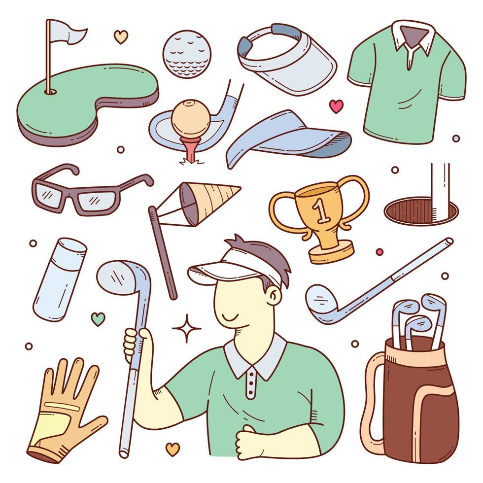 Doodle-Set von Golfsportgeräten und -ausrüstungen, handgezeichnet vektor