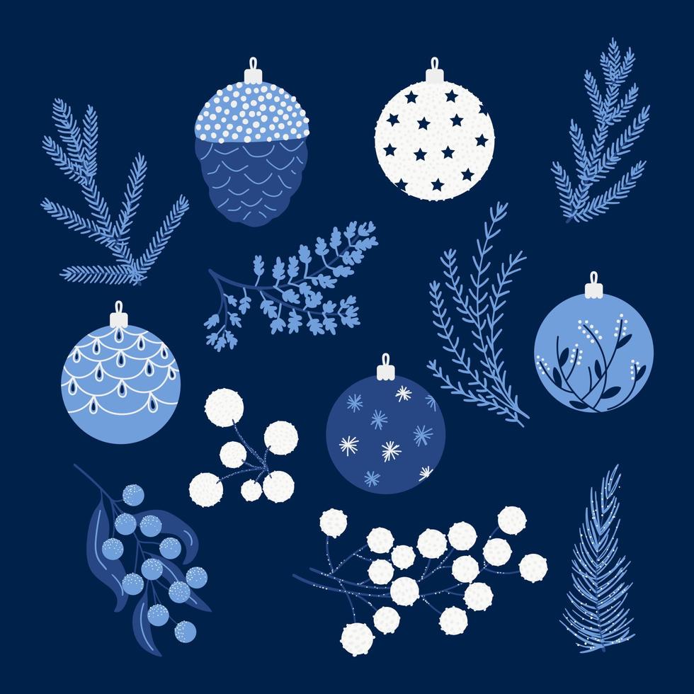 hand gezeichnete weihnachtskugeln und zweige dekorationen auf dunkelblauem hintergrund vektor