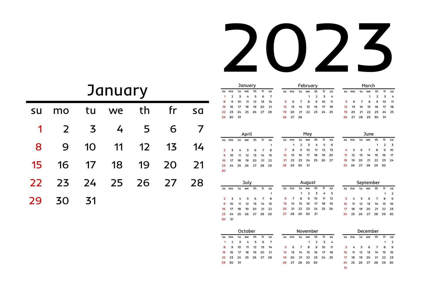 Kalender für 2023 isoliert auf weißem Hintergrund vektor