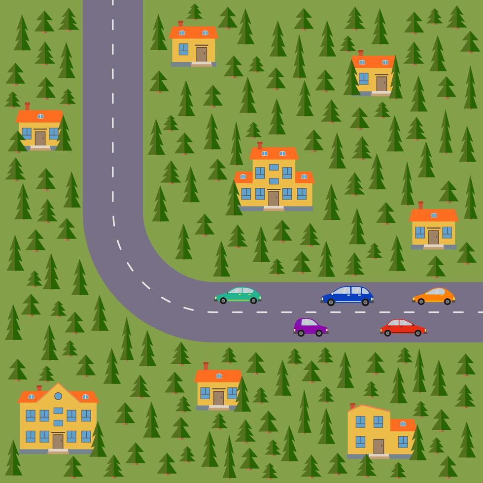planen av by. landskap med de väg, tall, bilar och hus. vektor illustration