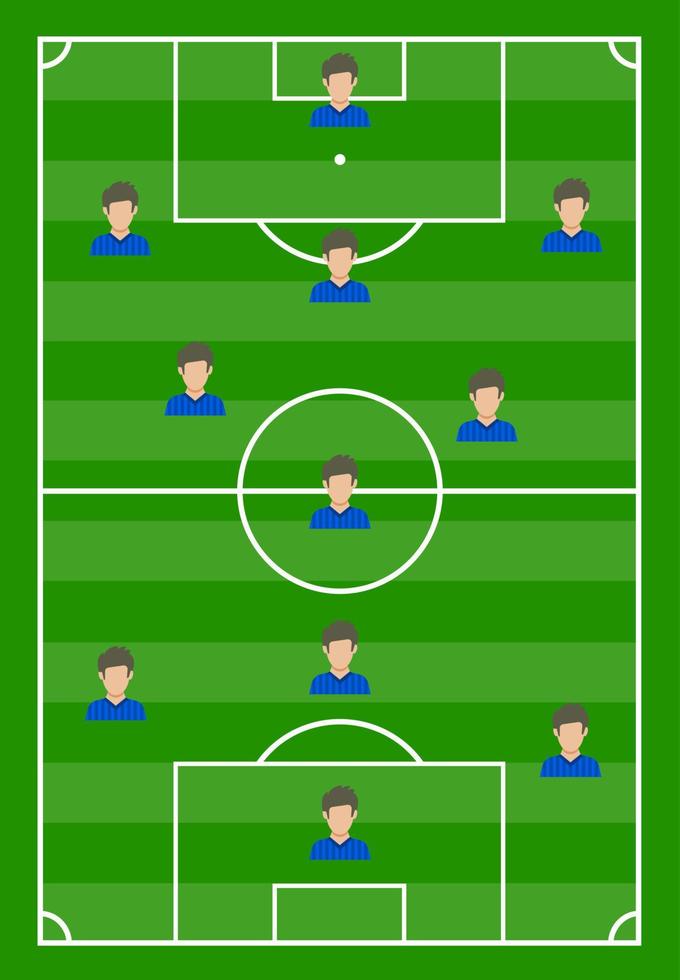 fotboll fält med grön gräs och med elva spelare. vektor illustration