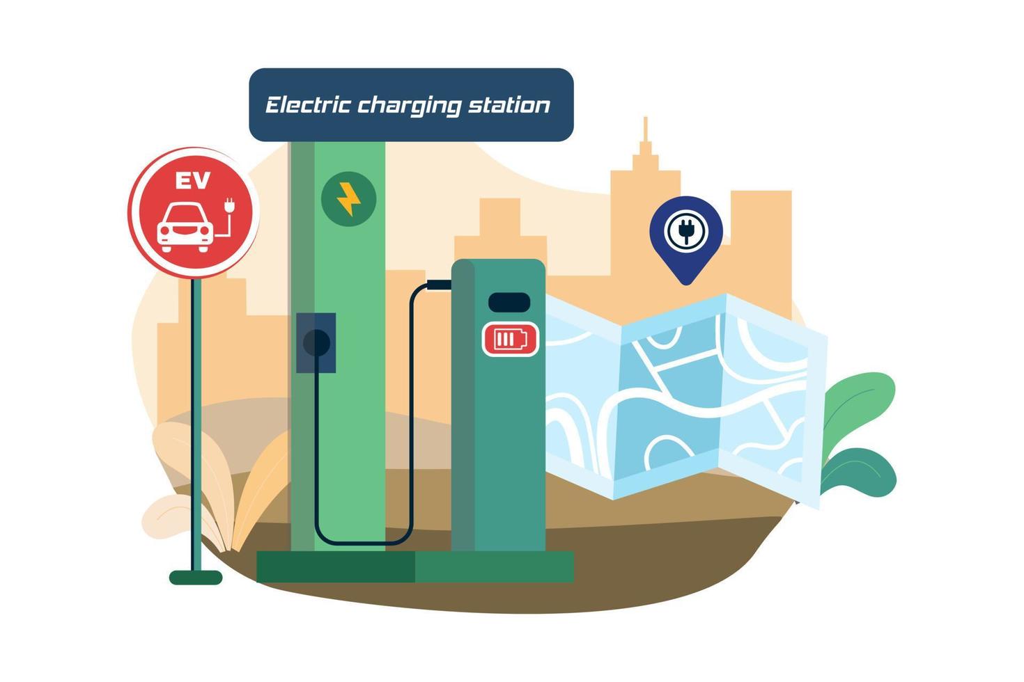 elektrisk laddning station plats illustration begrepp på vit bakgrund vektor