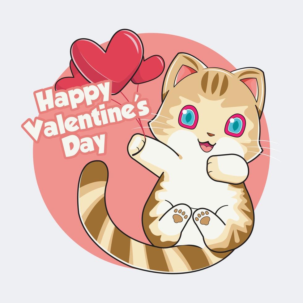 valentine dag. söt katt med kärlek ballong vektor illustration proffs ladda ner