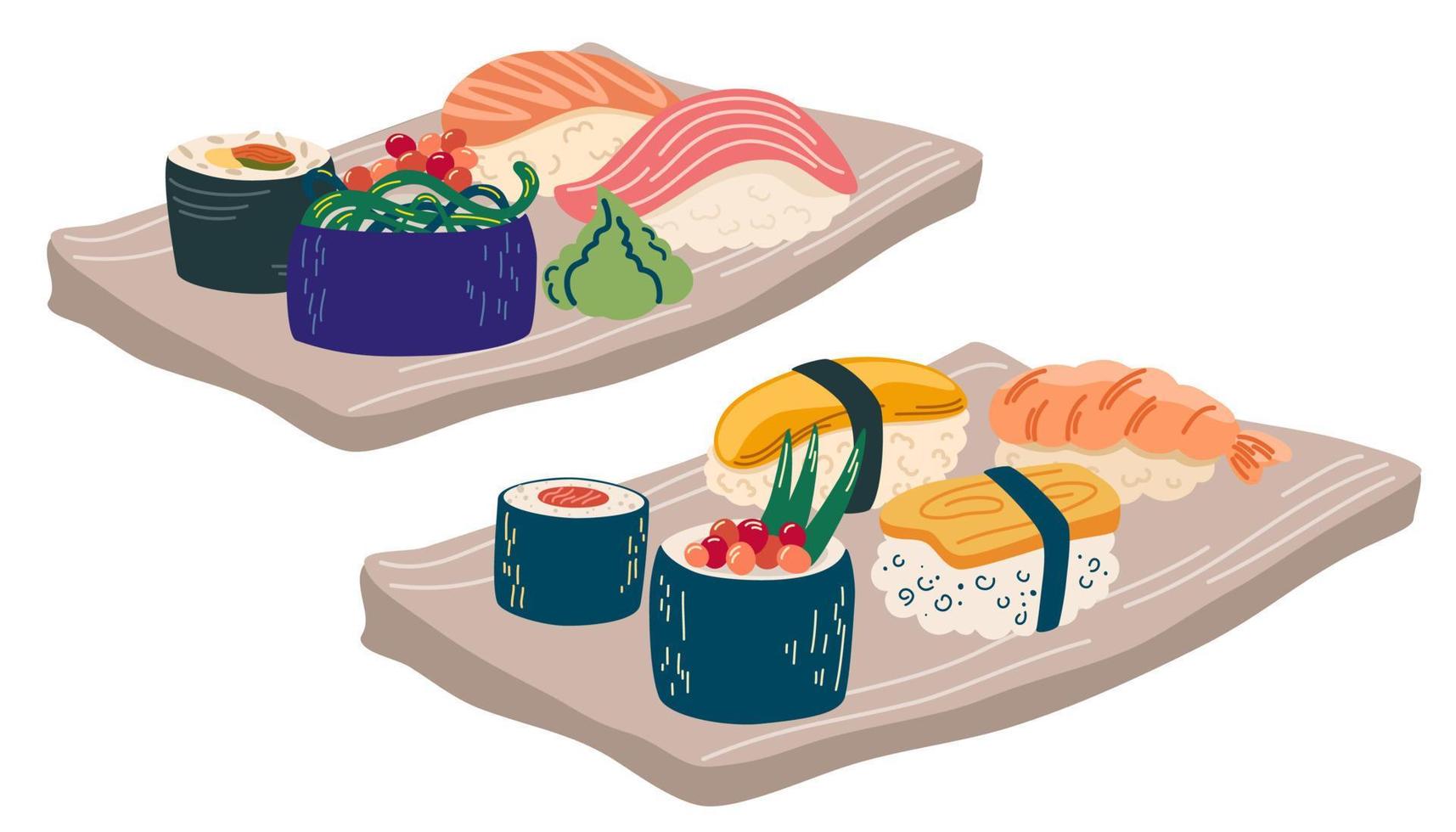 Sushi-Set. asiatisches Essen. perfekt für Restaurant-Cafés und Druckmenüs. Vektor-Hand zeichnen Cartoon-Illustration. vektor