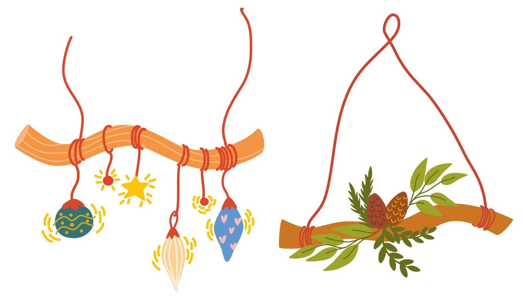 Weihnachtskränze gesetzt. dekor für neujahrsweihnachten und feiertag. Kranz mit Stechpalmenbeeren, Mistelzweigen, Kiefern- und Tannenzweigen, Zapfen, Vogelbeeren. hand gezeichnete illustration isoliert vektor