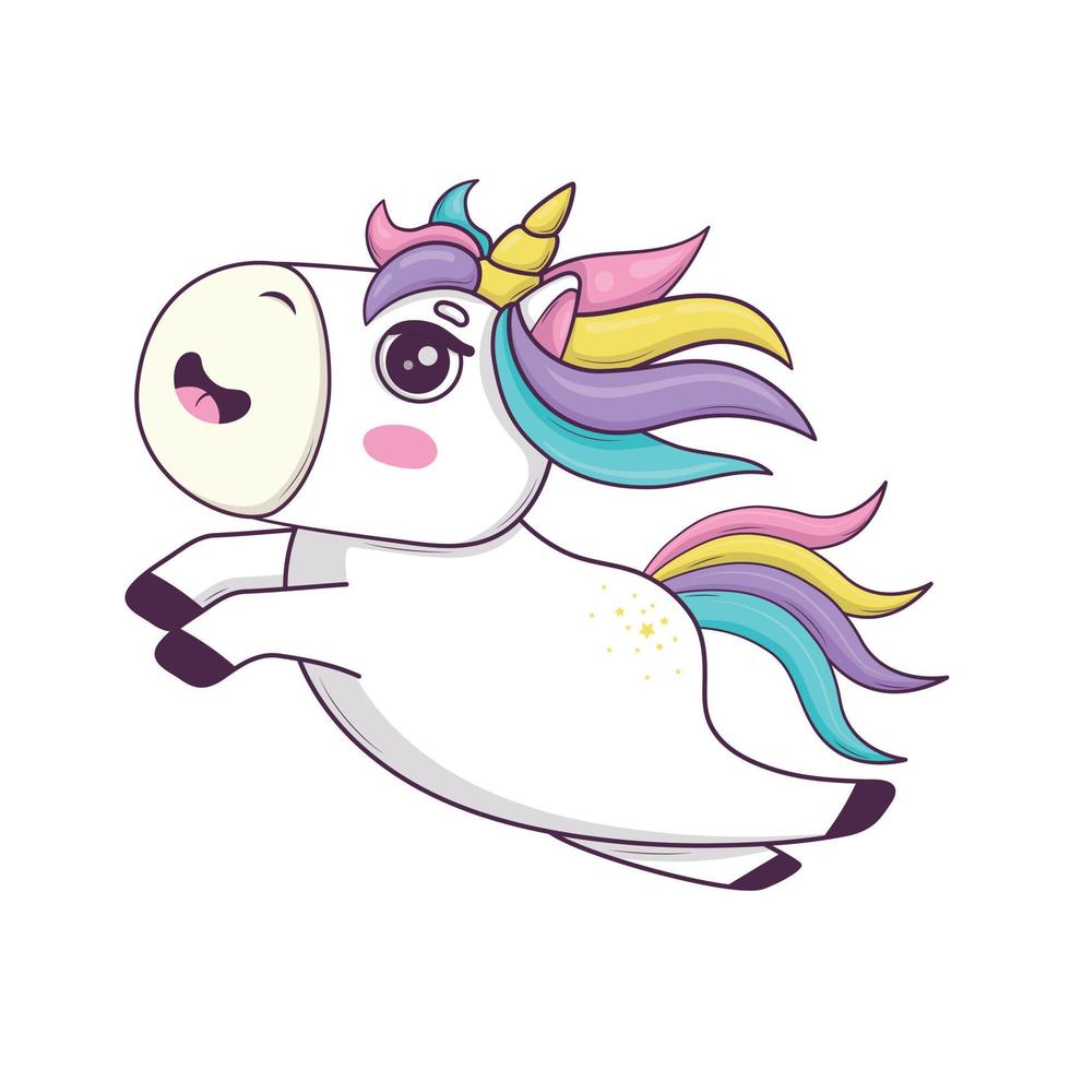 süßes kawaii einhorn mit regenbogenmähne und horn im anime-stil springen und fliegen vektor