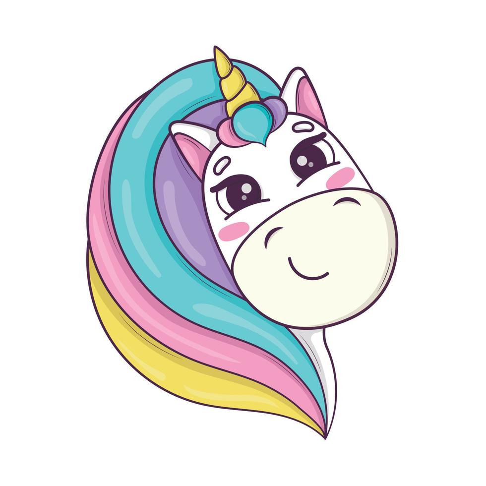 söt söt enhörning huvud med regnbåge manen och horn i anime stil vektor