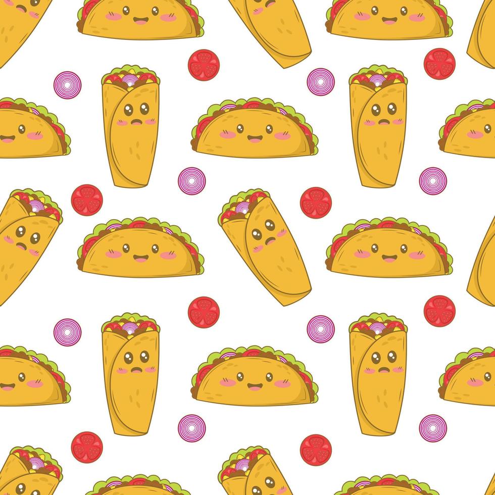 Nahtloses Muster mit mexikanischen Burritos und Tacos mit lustigen Gesichtern im Doodle-Cartoon-Stil isoliert auf weißem Hintergrund vektor