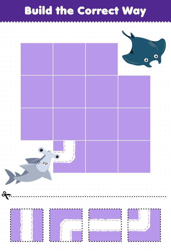 Lernspiel für Kinder Bauen Sie den richtigen Weg, helfen Sie dem niedlichen Cartoon-Hammerhai, sich zum druckbaren Unterwasser-Arbeitsblatt Manta zu bewegen vektor