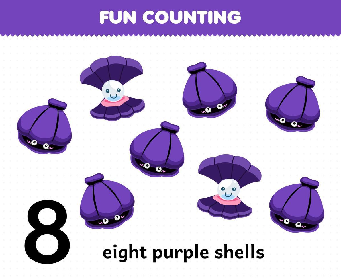 Lernspiel für Kinder Spaß beim Zählen von acht lila Muscheln zum Ausdrucken unter Wasser Arbeitsblatt vektor
