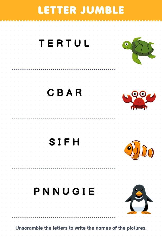 Lernspiel für Kinder Buchstaben-Wirrwarr Schreiben Sie den richtigen Namen für niedliches Cartoon-Schildkröte-Krabben-Fisch-Pinguin-Druckbares Unterwasser-Arbeitsblatt vektor