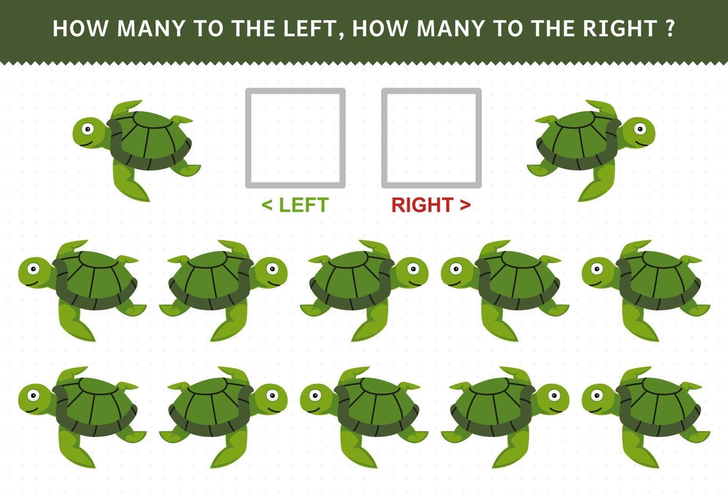 Lernspiel für Kinder zum Zählen des linken und rechten Bildes der niedlichen Cartoon-Schildkröte, druckbares Unterwasser-Arbeitsblatt vektor