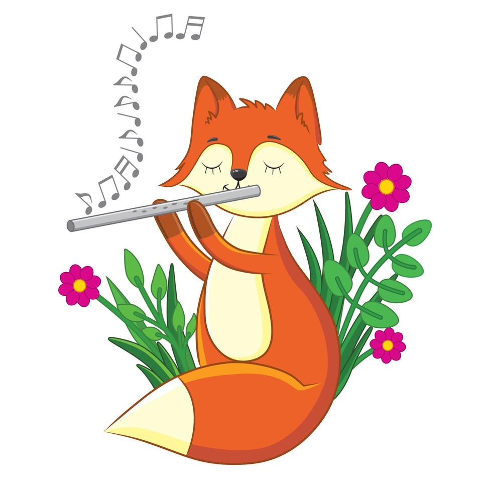 süßer fuchs, der eine melodie auf der flöte spielt. vektor