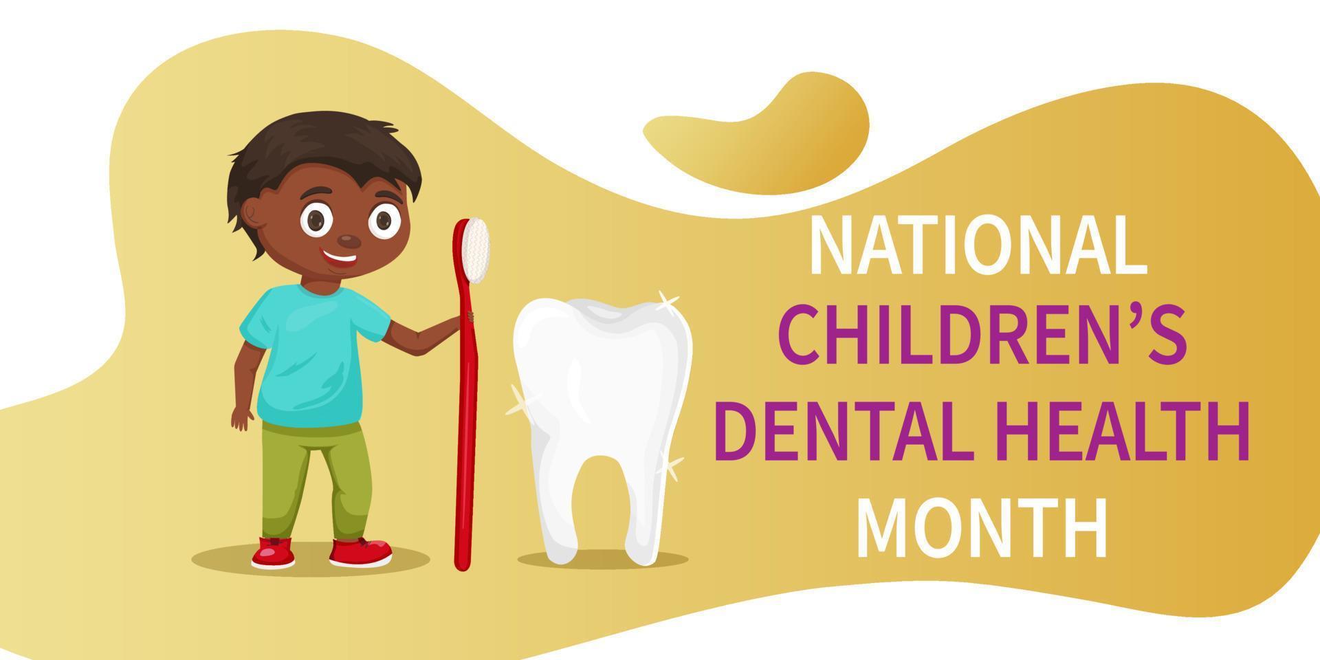 nationell barn s dental hälsa månad vektor baner. en svart pojke med tand. skyddande tänder och främja Bra hälsa, förebyggande av dental karies i barn. vektor illustration.
