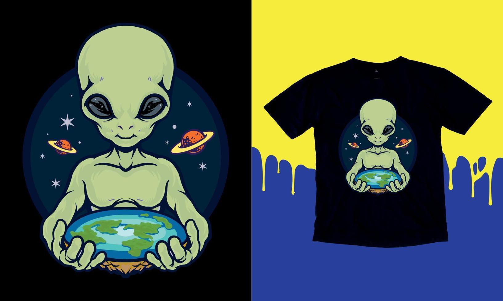 Außerirdische Welt von Säure-UFO-Postern im Stil von Techno, Rave-Musik mit Neon-3D-realistischen außerirdischen Psychedelika. welt-ufo-tag. druck für kleidungssweatshirts und t-shirts isolierter hintergrund vektor