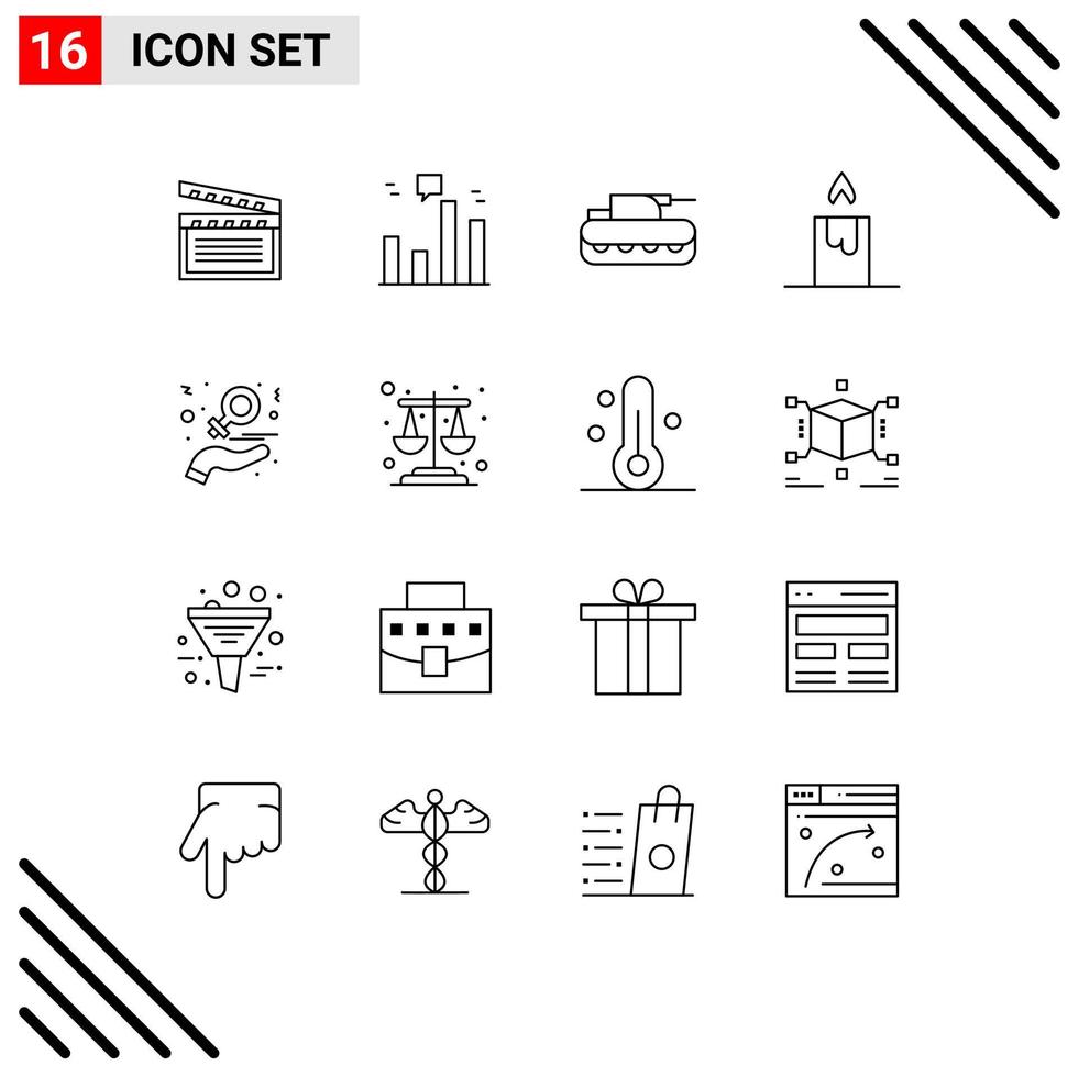 Stock Vector Icon Pack mit 16 Linienzeichen und Symbolen für Love Day Cannon Charity Candle editierbare Vektordesign-Elemente