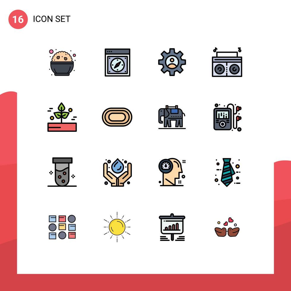 Gruppe von 16 flachen, farbgefüllten Linien Zeichen und Symbole für Blattradio-Webplayer verwenden bearbeitbare kreative Vektordesignelemente vektor