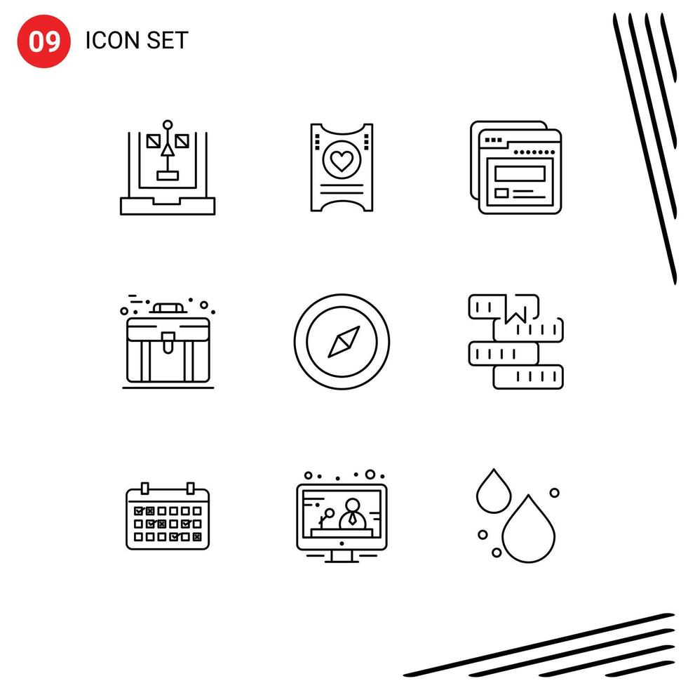 Modernes Set aus 9 Umrissen und Symbolen wie Kompass-Aktenkoffer-Hochzeitstasche helfen editierbaren Vektordesign-Elementen vektor