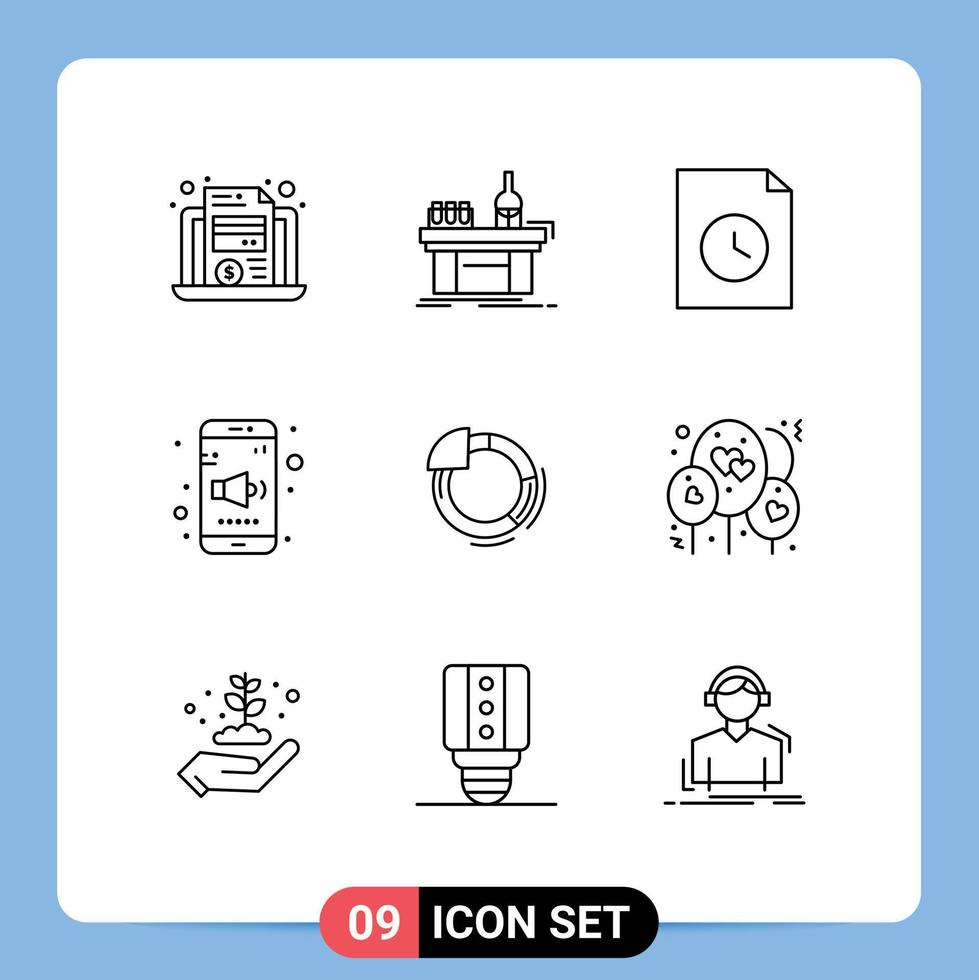 Packung mit 9 modernen Umrisszeichen und Symbolen für Web-Printmedien wie Kreisvolumenproduktion Sound-App editierbare Vektordesign-Elemente vektor