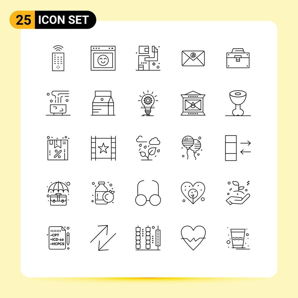 Stock Vector Icon Pack mit 25 Zeilenzeichen und Symbolen für Materialbox Gunman Bag Posteingang editierbare Vektordesign-Elemente