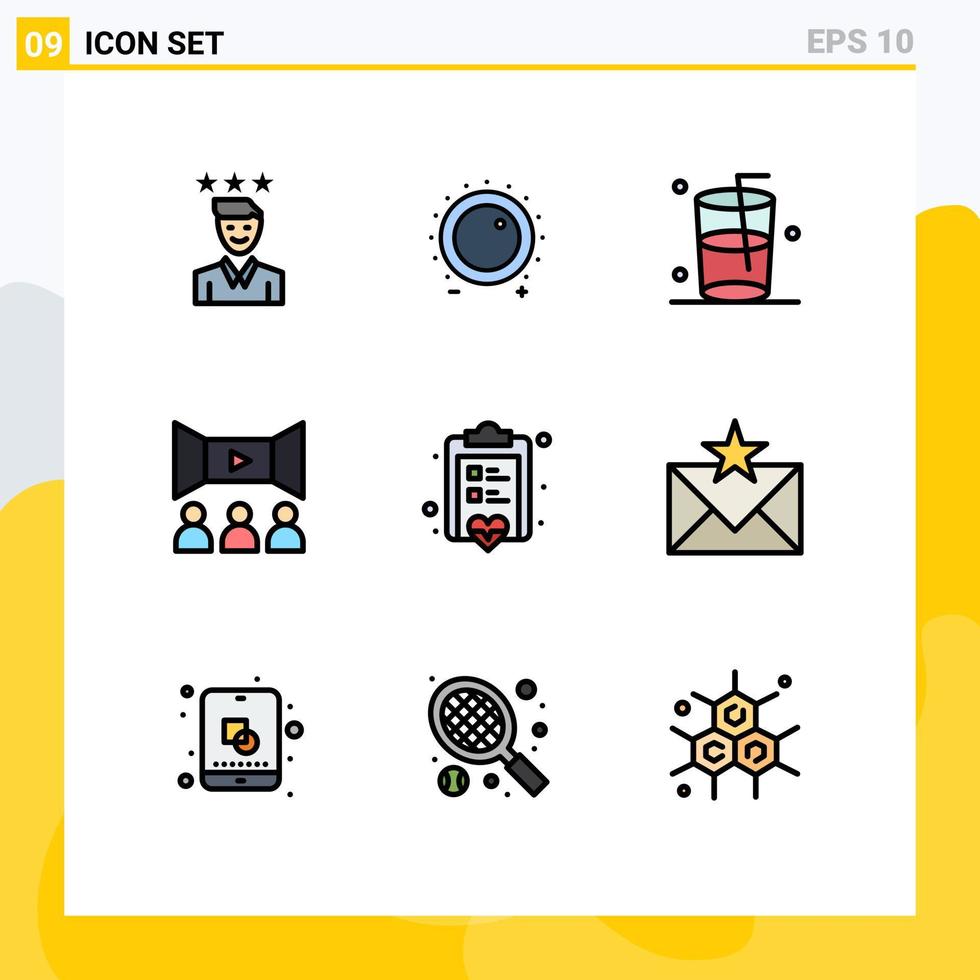9 tematiska vektor fylld linje platt färger och redigerbar symboler av styrelse film nivå filma vatten redigerbar vektor design element