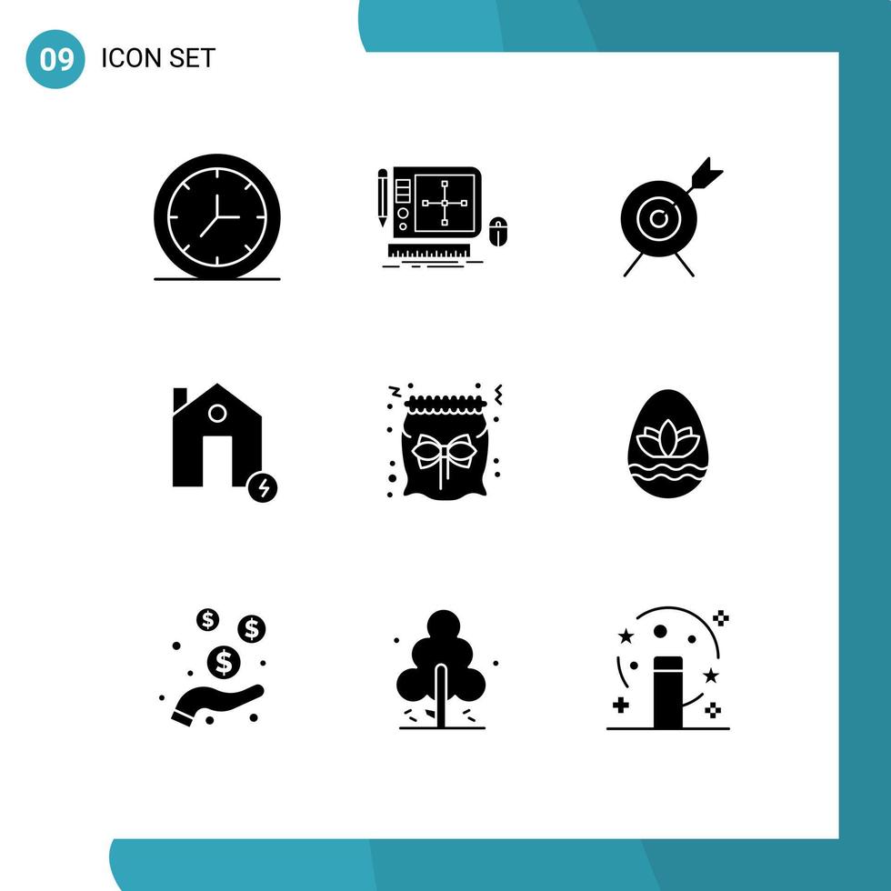 Stock Vector Icon Pack mit 9 Zeilen Zeichen und Symbolen für Candy Estate Target Electricity Buildings editierbare Vektordesign-Elemente