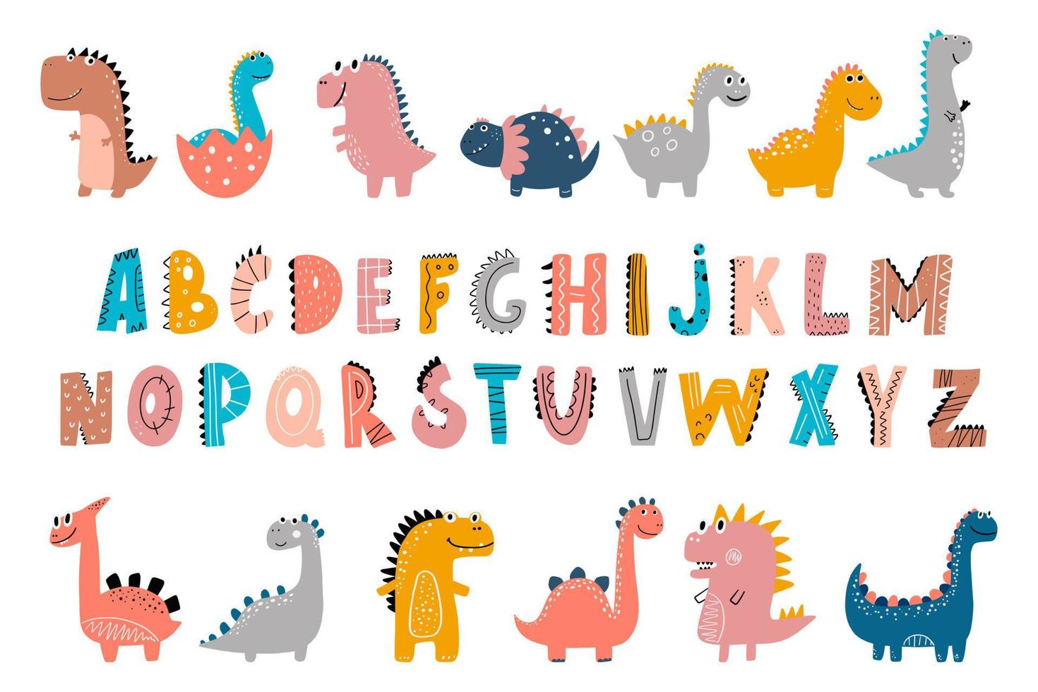 niedliche dinosaurier ist eine sammlung bunter dinosaurier und süßer abc-alphabetelemente. Das Set enthält niedliche Charakter-Cliparts, die alle in einer hübschen Farbpalette erstellt wurden. vektor