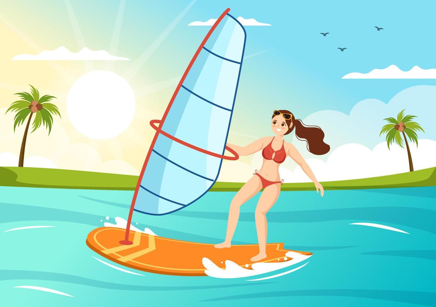 vindsurfing med de person stående på de segling båt och innehav de segla i extrem vatten sport platt tecknad serie hand dragen mallar illustration vektor