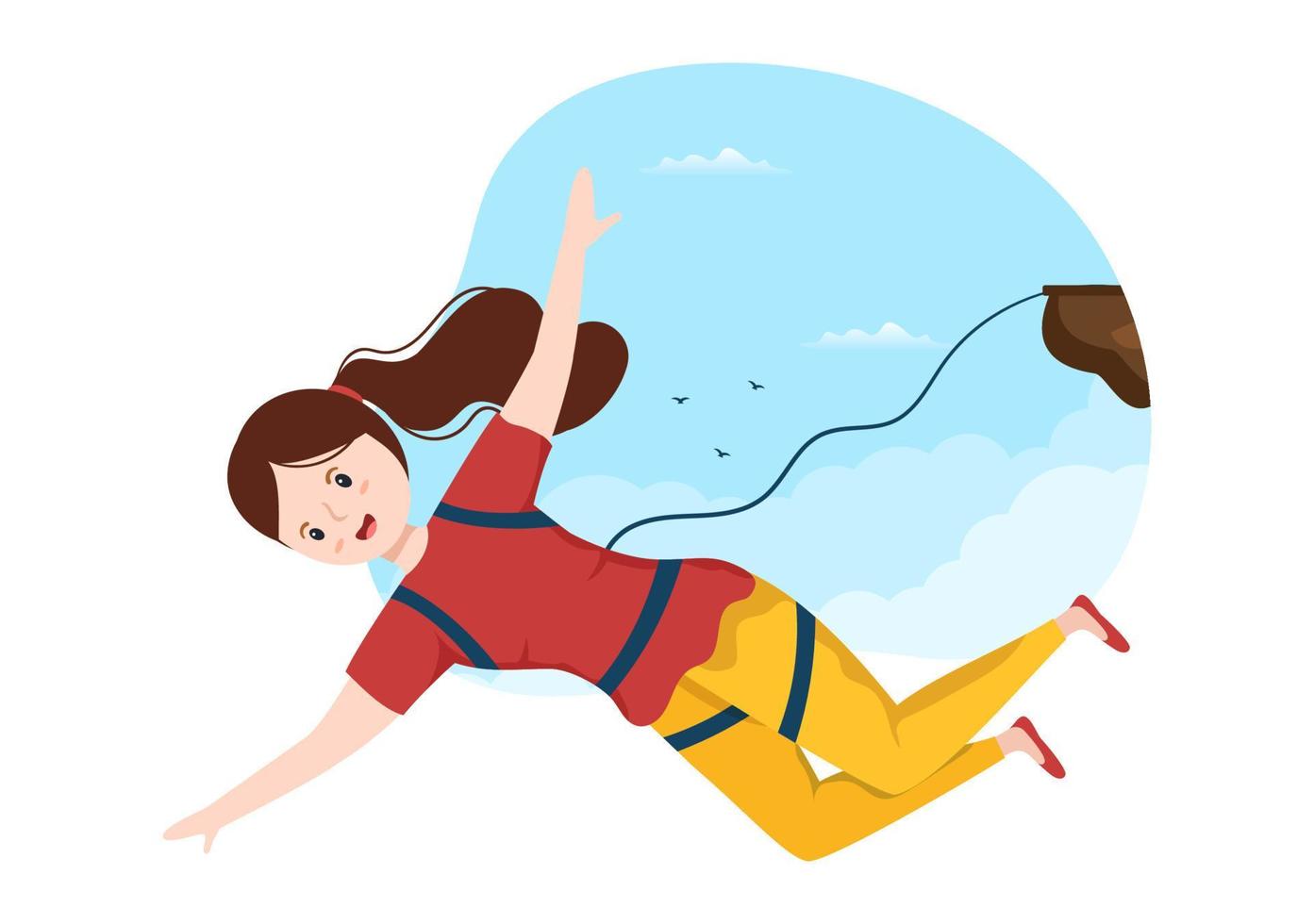 Bungee-Jumping-Illustration mit einer Person, die ein elastisches Seil trägt, das aus einer Höhe springt, in einer Vektorvorlage für flache Cartoon-Extremsportarten vektor