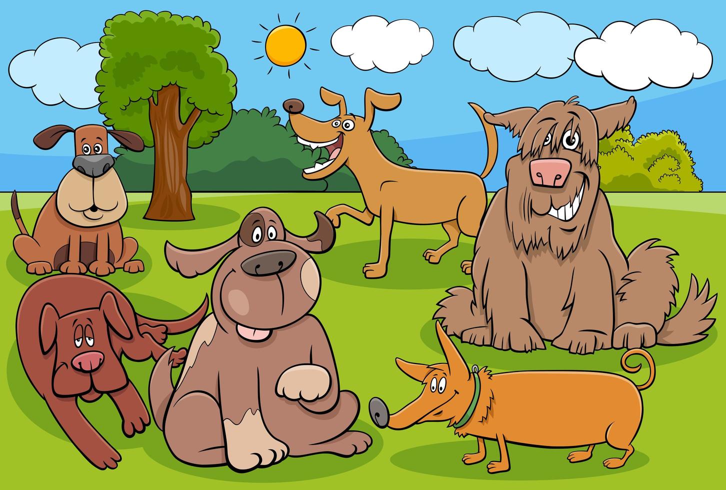 lustige Zeichengruppe der Karikaturhunde und -welpen vektor