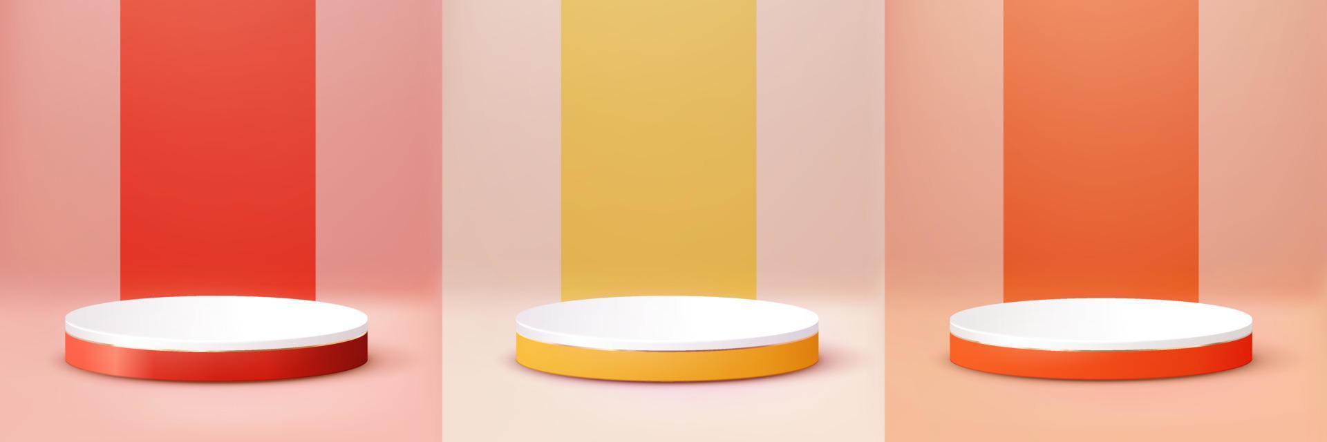 gelb orange rotes podium. abstrakter Szenenhintergrund. produktpräsentation, mock-up, kosmetisches produkt zeigen, leeres podium, bühnenpodest oder plattform. 3D-Vektor. vektor