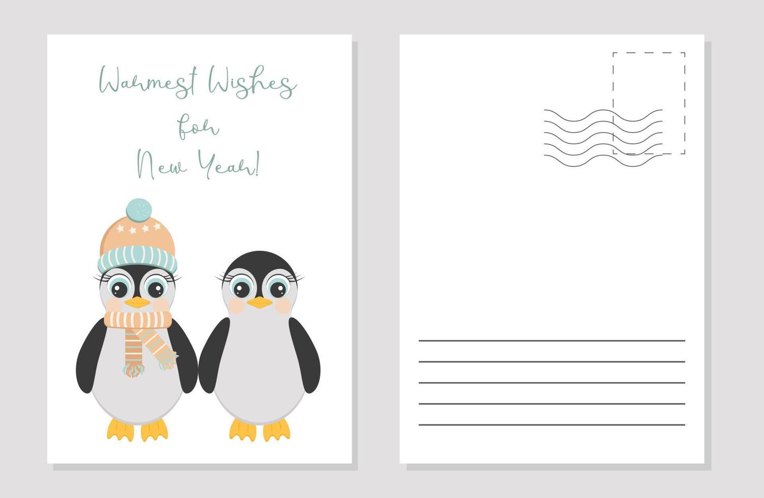 de layout av en hälsning kort med två söt pingviner vektor