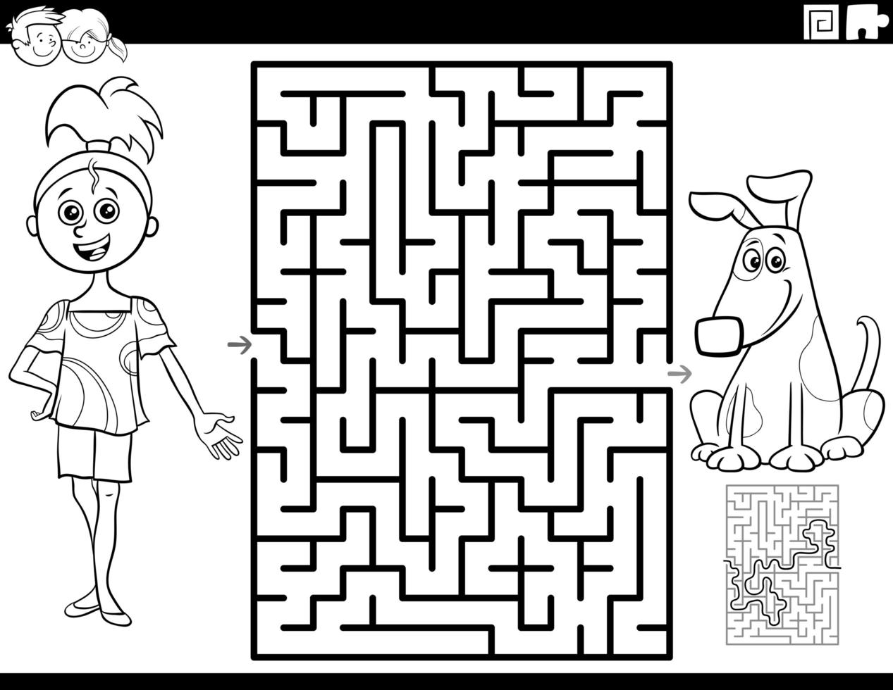 Labyrinth mit Mädchen und Welpen Malbuch Seite vektor